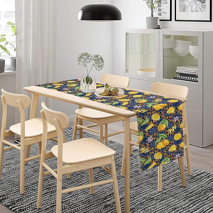 Yellow Lemon Table Runner Vintage Retro Summer Fruit Blue White Floral Printed Dining Table Decoration for Home Holiday Party Dresser Kitchen Cabin Restaurant Wedding Decor 13×70in