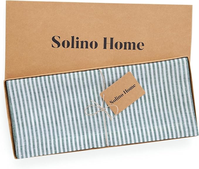 Solino Home Linen Table Runner 48 Inches - Narrow Stripe 100% Pure Linen Rainforest and White Farmhouse Table Runner 14 x 48 Inch Ideal for Dresser and Coffee Tables - St Patricks Day