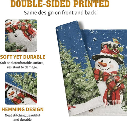 Blue Snowman Christmas Placemats Set of 4 Xmas Tree Cardinal Snowflakes Linen Table Mats Seasonal Winter Holiday Place Mats Washable Placemat for Party Kitchen Dining Outdoor Indoor Decor
