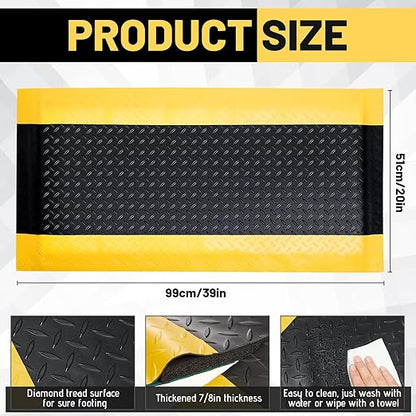 Timgle Anti Fatigue Mats Industrial 1.67 'x 3.25' Heavy Duty Commercial Grade Diamond Plate Vinyl Non Slip Safety Ergonomic Floor Mat Black with Yellow Border 7/8 Inch Thick Sponge for Work Stand