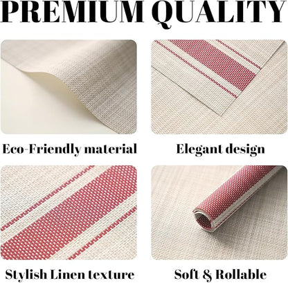 Placemats Set of 4 Vinyl/Plastic Woven Place Mats for Kitchen Table Indoor/Outdoor Washable Placemat Wipeable Dining Table Mats (Khaki Red,4)