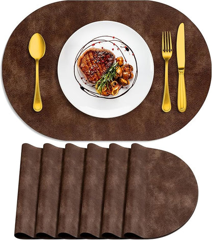 ADRIMER Placemats, Heat Resistant Oval Placemats Set of 6 Washable 12 x 17 Inch, Waterproof Table Mats, Wipeable Pu Place Mats for Kitchen, Dining Room, Brown