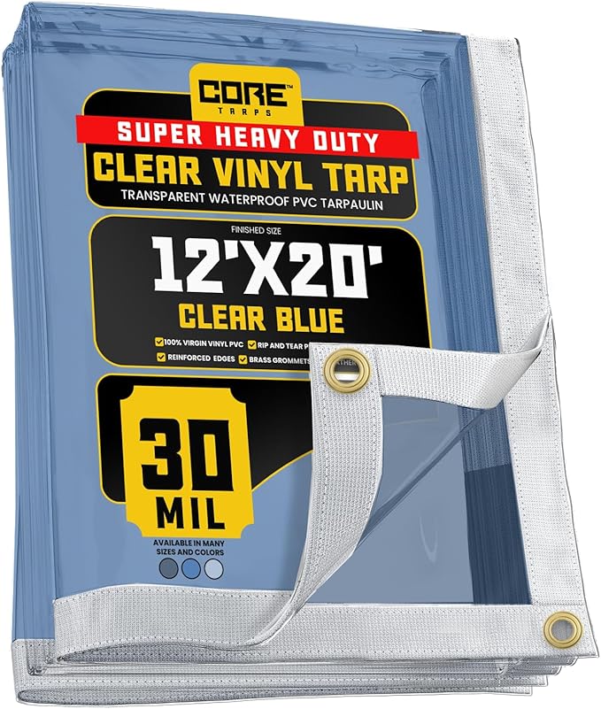Core Tarps 30 Mil Extreme Heavy Duty Clear Tarp with Gromments - 12x20ft Super Clear Tarps Heavy Duty Waterproof Vinyl Tarpaulin, Transparent Tarp for Outdoor, Camping & Construction, Clear Blue