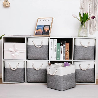 11 x 11 Inch Cube Storage Bins, 6 Pack Large Collapsible Fabric Storage Bin with Ropes, Foldable Storage Cubes for Home, Office,Closet, Clothes, Toys Organizer (White & Grey-11"x11"x11")