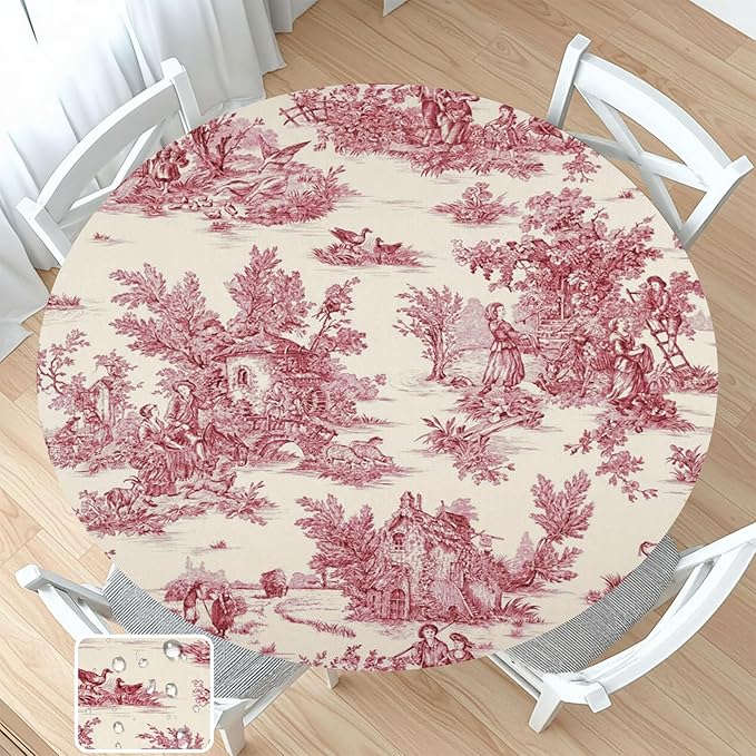 French Country Round Fitted Tablecloth with Elastic Vintage Red Circle Table Cloth for 48-52" Round Tables Wipeable Waterproof Rustic Burgundy Pink Village Table Cover for Dining Patio Picnic Decor