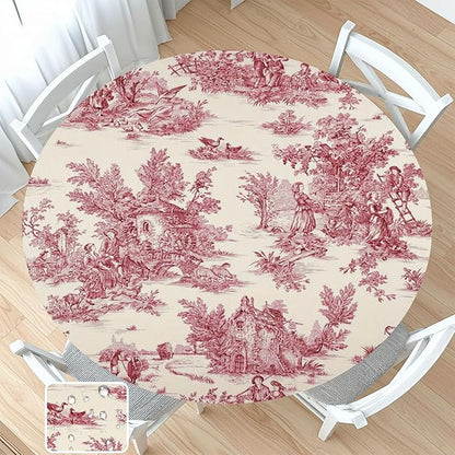 French Country Round Fitted Tablecloth with Elastic Vintage Red Circle Table Cloth for 36-40" Round Tables Wipeable Waterproof Rustic Burgundy Pink Village Table Cover for Dining Patio Picnic Decor