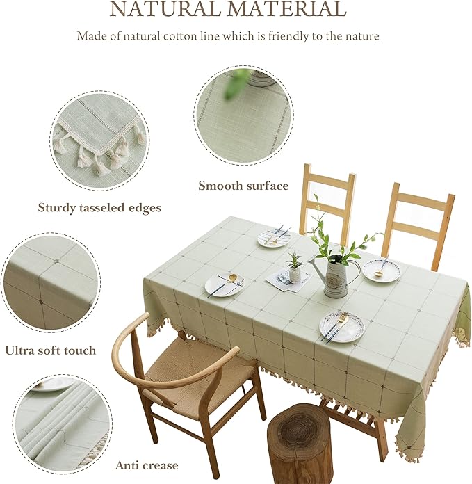 Pahajim Rustic Linen Tablecloth Cotton Rectangle Table Cloth for Kitchen Dining with Tassel Plaid Waterproof Tablecloths Rectangle/Oblong,55''x79'',4-6 Seats