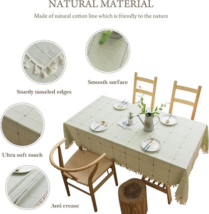 Pahajim Rustic Linen Tablecloth Cotton Rectangle Table Cloth for Kitchen Dining with Tassel Plaid Waterproof Tablecloths Rectangle/Oblong,55''x79'',4-6 Seats
