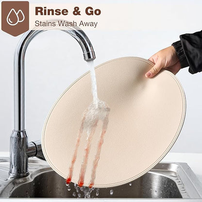 Round Vinyl Beige Placemats Set of 6, Faux Leather Waterproof Wipeable Heat Resistant Place Mats, Washable Table Mats for Halloween, Thanksgiving & Christmas Dinner (Beige)