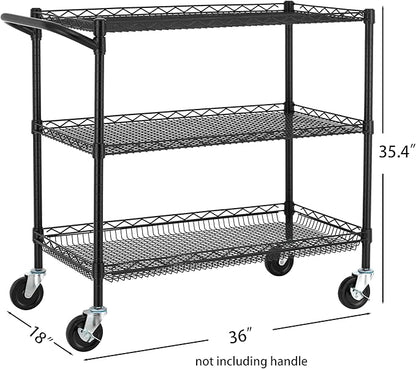 Finnhomy 3 Tier Heavy Duty Commercial Grade Utility Cart, Wire Rolling Cart with Handle Bar, Steel Service Cart with Wheels, Kitchen Carts on Wheels, Metal Cart Shelf Size 18" D x 36" W, NSF, Black
