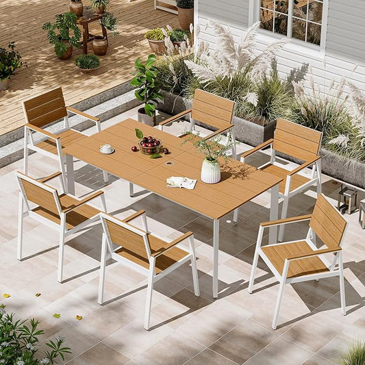 Patio Table and Chairs Set, 7 Piece Outdoor Dining Set with Umbrella Hole, HDPS + Aluminum Patio Furniture Set for Garden (White & Teak)