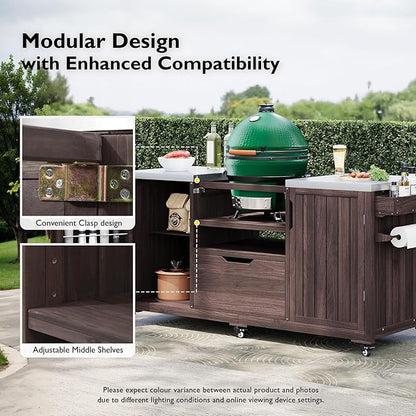 66.5" Outdoor Kitchen Island with Stainless Steel Top for Big Green Egg, Rolling Grill Cart with Adjustable Shelves, Lockable Wheels, Outdoor Table and Bar Storage Cabinet for Patio