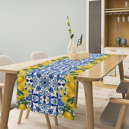 Blue Lemon Table Runner, Italy Tile Yellow Lemon Fruit Table Runners for Farmhouse Coffee Home Kitchen Dining Party Patio Indoor Outdoor 13x36in
