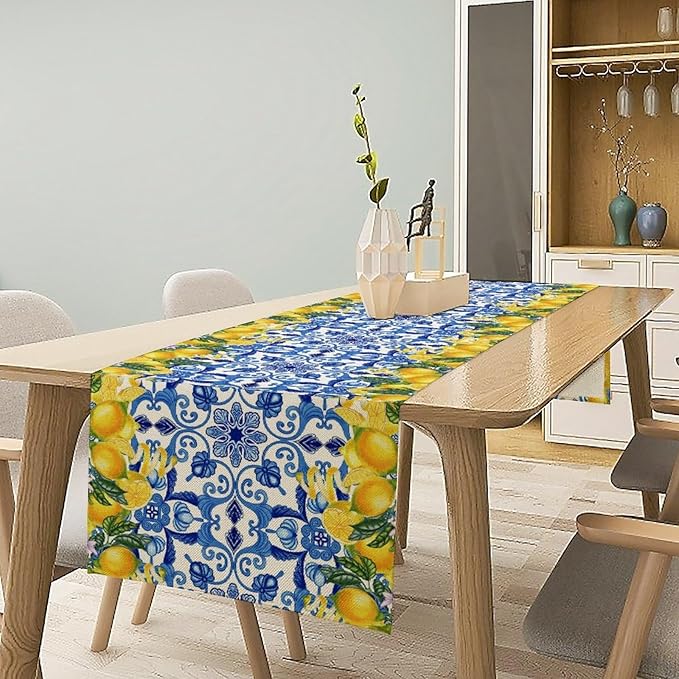 Blue Lemon Table Runner, Italy Tile Yellow Lemon Fruit Table Runners for Farmhouse Coffee Home Kitchen Dining Party Patio Indoor Outdoor 13x70in