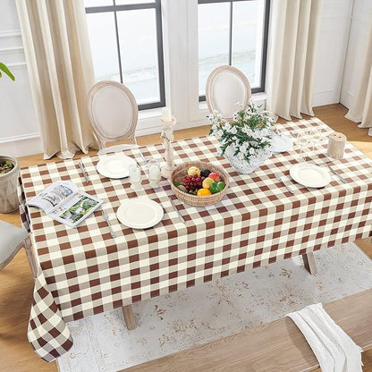 Softalker Gingham Checkered Tablecloth Rectangle - Outdoor Waterproof Buffalo Plaid Table Cloth, Stain Resistant Washable Table Cover for Picnic, Camping, Dining - Coffee and White, 54 x 78 Inch