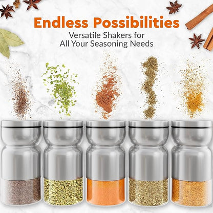 HOME EC Original Salt and Pepper Shakers Set with Adjustable Pour Holes - Glass and Stainless Steel Salt Shaker and Pepper Shaker - Farmhouse Spice dispenser for salts, ground peppercorn and spices