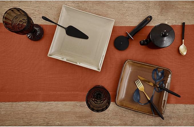 Solino Home Linen Table Runner 120 Inches Long - 100% Pure Linen Cinnamon Table Runner 14 x 120 Inch - Classic Hemstitch