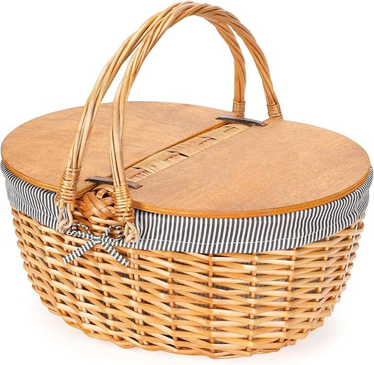Wicker Picnic Basket with Liner, Wooden Split Lid Picnic Basket, Vintage-Style Picnic Hamper with Folding Woven Handle for Picnic, Camping, Outdoor, Valentine Day, Thanks Giving, Birthday (Grey)