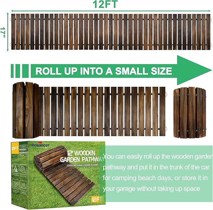 RELIANCER 12' Wooden Garden Pathway,Outdoor Roll Out Cedar Straight Walkway,Patio Path Decorative Garden Boardwalk Walkways,Weather-Resistant Roll Up Beach Wood Road Floor,Wedding Party Pathwaysc