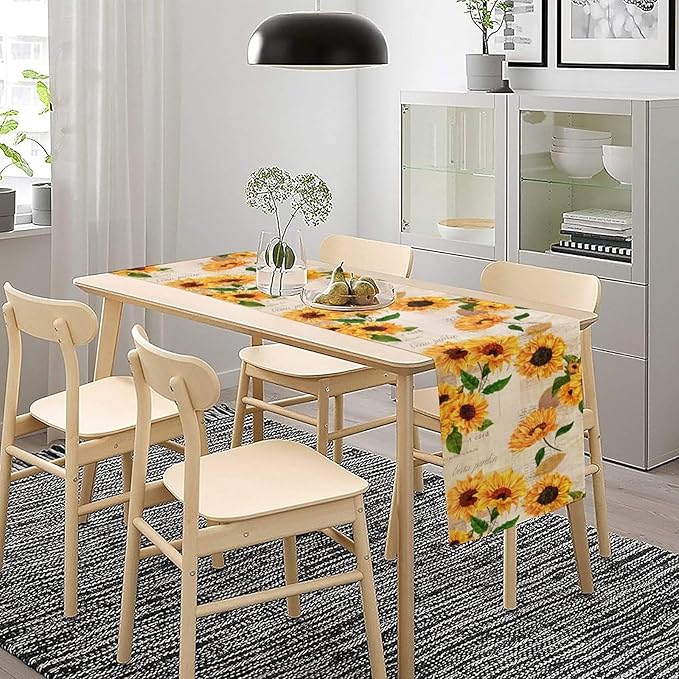 Retro Sunflower Table Runner, Vintage Newspaper Sunflower Blossoms Rustic Farmhouse Flower Table Cover for Kitchen Dinning Party Holidays Decor, 13x90inch