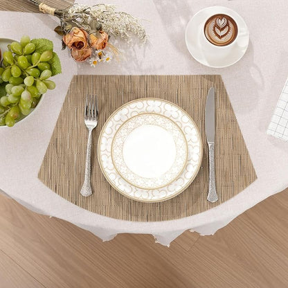 SHACOS Round Table Placemats Wedge Placemats Set of 8 Woven Vinyl Curved Table Mats Washable Indoor Outdoor (8, Tan)