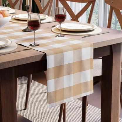 Encasa XO Cotton Dining Table Runner | Buffalo Beige Checks | Size 13x104 in - Machine Washable & Durable