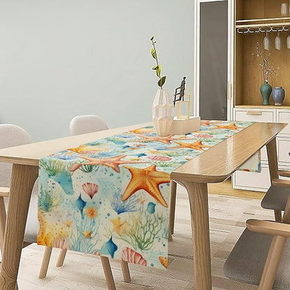 Starfish Conch Shell Table Runners, Season Coastal Marine Life Table Runners for Kitchen Dining Outdoor Home Party 13x120in