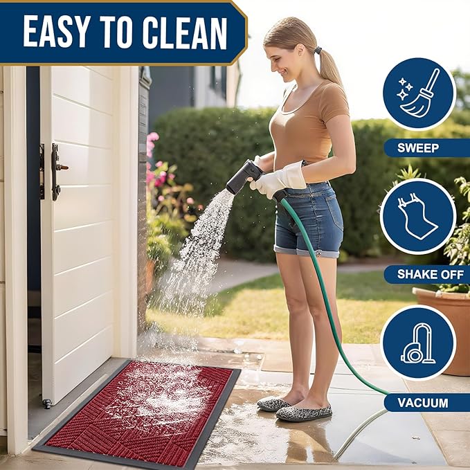 Smiry Front Door Mat Outside Entrance, Heavy Duty Sturdy Natural Rubber Doormat, Trap Dirt and Moisture, Easy Clean Low Profile Mats for Indoor Outdoor Entry, Irregular Triangle (71x24, Wine Red)