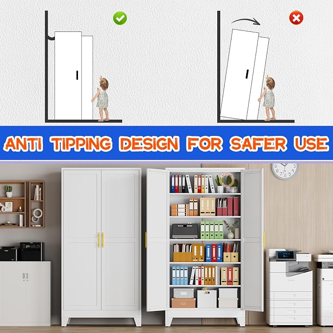 GAIOUS 79'' Tall Metal Garage Storage Cabinet, Home Office Cabinet White | Home - Image 5