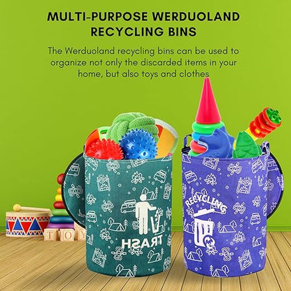 2 Pcs 30 Gallon Collapsible Trash Can Portable Waterproof Reusable with Zippered Lid for RV's, Camping, Recycling, Yard Waste, Leaf Bag, Children Toy Bin (Trash and Recycling)