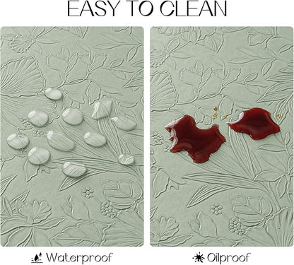 Romanstile Vinyl Placemats Set of 8-12 X 18 Inch - Heat Resistant Non-Slip Embossed Floral Place Mats 100% Waterproof Oilproof Wipeable Faux Leather Table Mats for Kitchen/Dining/Party, GrassGreen
