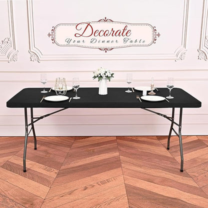 6 Pack Stretch Fabric Table Top Cap Cover, fits 8Ft Tables, Spandex Table Covers Washable Elastic Universal Rectangle Tablecloth Protector for Indoor Outdoor Party Picnic Wedding, Black, 30" W x 96" L