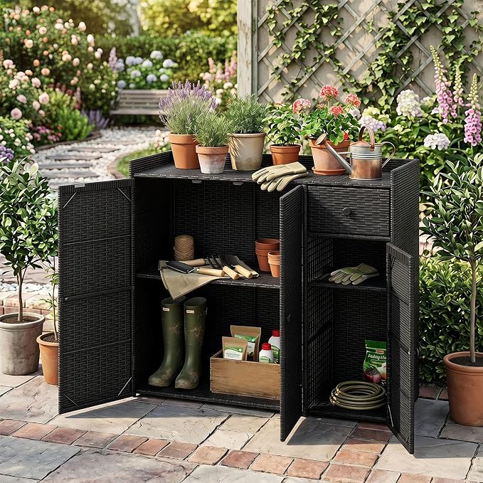 Tangkula Rattan Outdoor Storage Cabinet, Patiojoy Outdoor Cabinet - Image 2