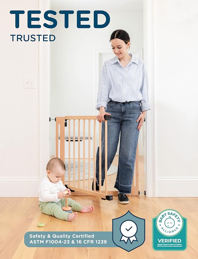 SizeWise™ Wood Pressure Mounted Safety Gate 34.25"-38.18" | Extra-Wide Passage | Auto-Close Two-Way Opening for Doorways and Hallways | Easy Installation | PEFC Certified Beech Wood (28.7" Passage)