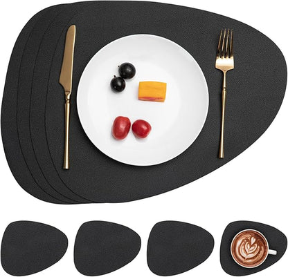 Myir JUN Placemats, Dual-Sided Placemats Waterproof Faux Leather Placemats Set of 4 Place Mats and Coasters Non-Slip Washable Table Mats for Dining Table (Black, Set of 4)