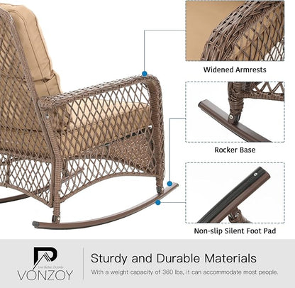 Patio Furniture Set 3 Pieces, Wicker Outdoor Rocking Bistro Set, Khaki | VONZOY - Image 4