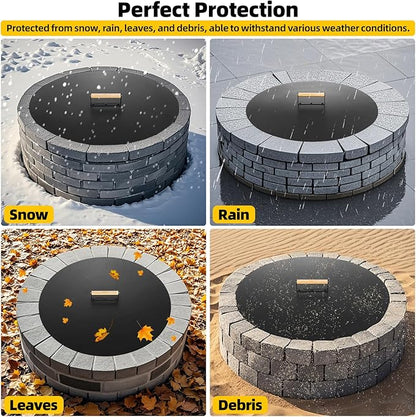 G GOOD GAIN Firepit Lid Round 30 Inch - Rust Resistant Fire Pit Lid Cover with Wooden Handle & Gloves, Fire Pit Snuffer Lid for Courtyards, Patio, Winter Cold Protection. Fits Fire Pits Up to 28"