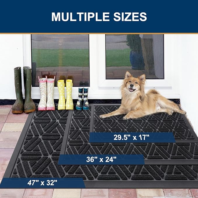 Smiry Front Door Mat Outside Entrance, Heavy Duty Sturdy Natural Rubber Doormat, Trap Dirt and Moisture, Easy Clean Low Profile Mats for Indoor Outdoor Entry, Grid Geometric (47x24, Black)