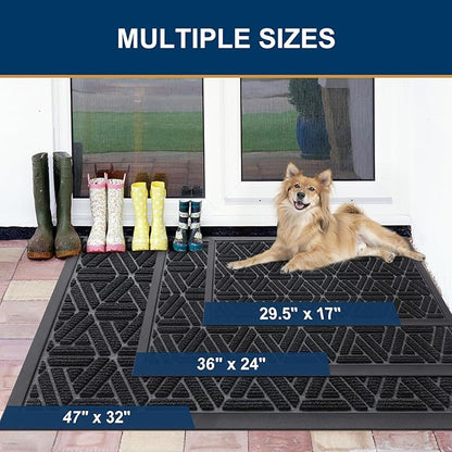 Smiry Front Door Mat Outside Entrance, Heavy Duty Sturdy Natural Rubber Doormat, Trap Dirt and Moisture, Easy Clean Low Profile Mats for Indoor Outdoor Entry, Grid Geometric (47x24, Black)