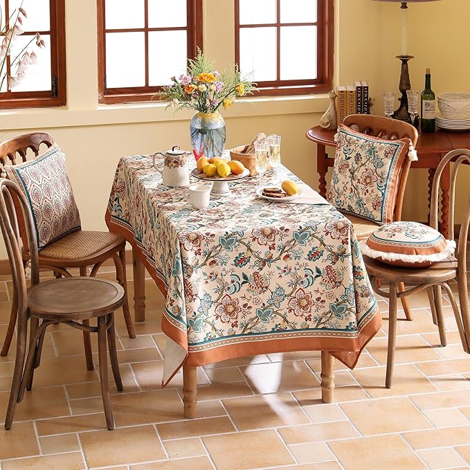 Linen Colorful Floral Rectangle Tablecloth,Vintage Indian Colorfast Block Print Extra Long Table Cloth,Decor Table Cover for Kitchen,Dining,Thanksgiving,Christmas,63"*110"-Mangala
