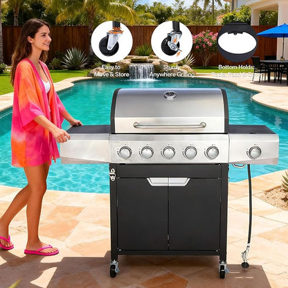Endark 5-Burner 58,500 BTU Stainless Steel Propane Gas Grill | Outdoor BBQ Grill with Side Burner & Porcelain Grates | Wheeled for Patio, Garden, Backyard
