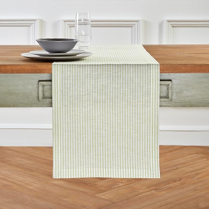 Solino Home Linen Striped Table Runner 156 Inches Long - Narrow Stripe 100% Pure Linen Sage and White Dining Table Runner 14 x 156 Inch for Spring, St Patricks Day, Easter