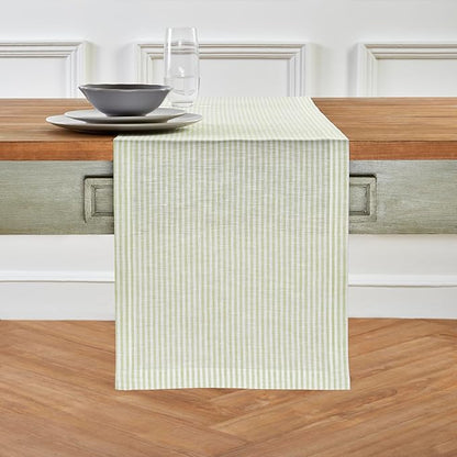 Solino Home Linen Table Runner 48 Inches - Narrow Stripe 100% Pure Linen Sage and White Table Runner 14 x 48 Inch Ideal for Dresser and Coffee Tables - Winter, Spring, St Patricks Day, Easter