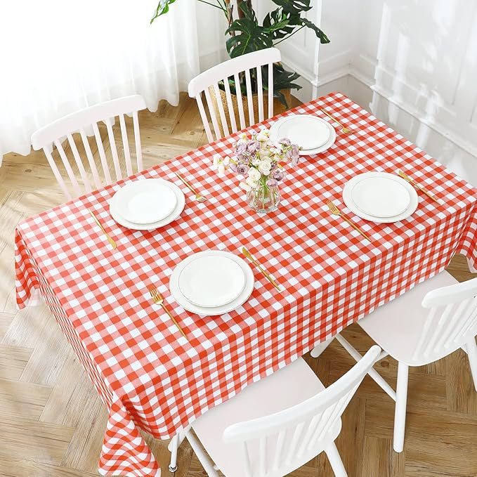 Romanstile Rectangle Vinyl Tablecloth, 100% Waterproof Buffalo Gingham Plastic Table Cloth, Heavy Duty Wipeable Checkered Table Covers for Outdoor, Camping, Picnic, Patio - 54 x 78, Red and White