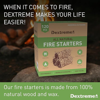 Dextreme Fire Starter (120 PCS) Natural Fire Starters for Campfire, Charcoal Starter, Fireplace, Wood Stove, BBQ, Chimney, Fire Pit, and Grill | All Weather, Odorless, Non-Toxic, w/10 Min Burning Time