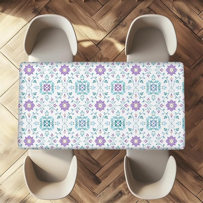 Rectangle Table Cloth Cover Waterproof Elastic Fitted Polyester Fitted Tablecloths for 4 Foot Tables for Indoor,Picnic, Camping, Outdoor （48" x 30"，Geometric Flowers）