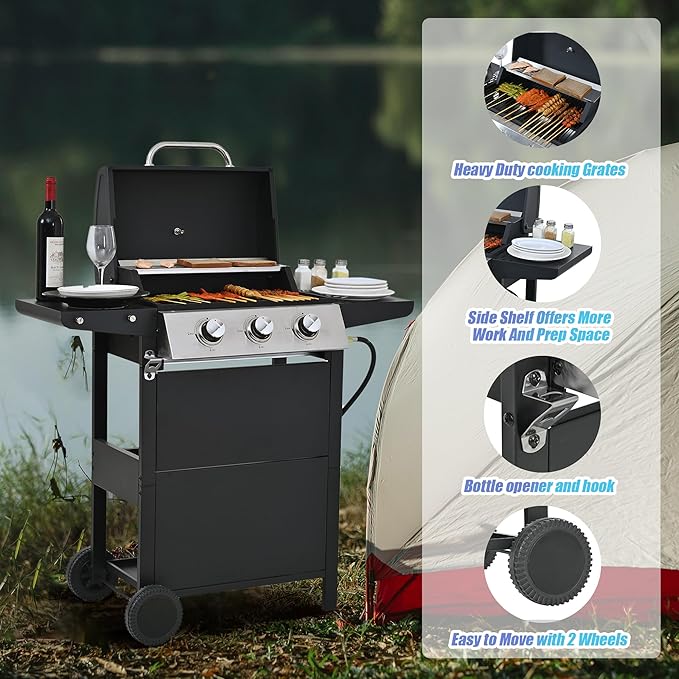 Endark 26,000 BTU 3-Burner Propane Grill with stainless steel design, enamel grates, built-in thermometer, and movable side rack. Ideal for all outdoor cooking