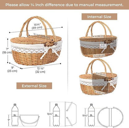GRANNY SAYS Picnic Basket, Wicker Basket with Lid, Woven Cute Basket with Handle, Storage Basket with Washable Lining & Dual-Flid Lid, Natural Willow Picnic Hamper, White Lining
