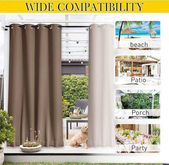 NICETOWN 2 Panels Thermal Outdoor Curtains Windproof W52xL72 Tan | Weighted - Image 5
