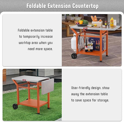 Movable Grill Table with Folding Side Table, Pizza Oven Table as BBQ Food Prep Cart with Undershelf for Outdoor & Indoor Use, 43" L x 20" W Stainless Steel Tabletop, Orange